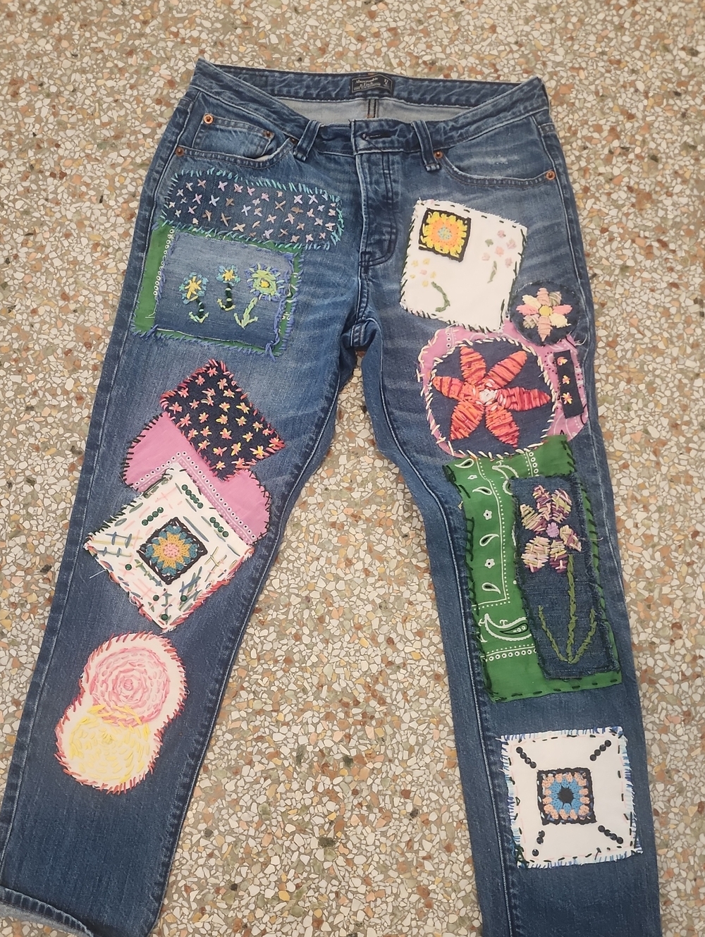 Abercrombie & Fitch Blue Denim Jeans with Multicolor Patchwork Appliqués